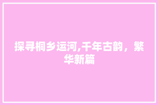 探寻桐乡运河,千年古韵，繁华新篇