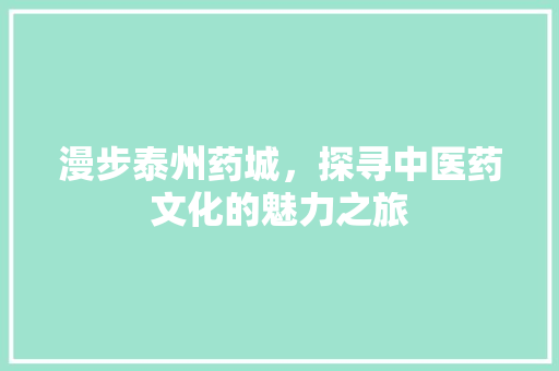 漫步泰州药城，探寻中医药文化的魅力之旅