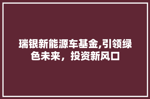 瑞银新能源车基金,引领绿色未来，投资新风口