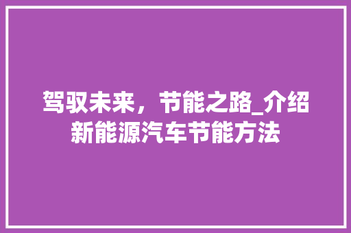 驾驭未来，节能之路_介绍新能源汽车节能方法